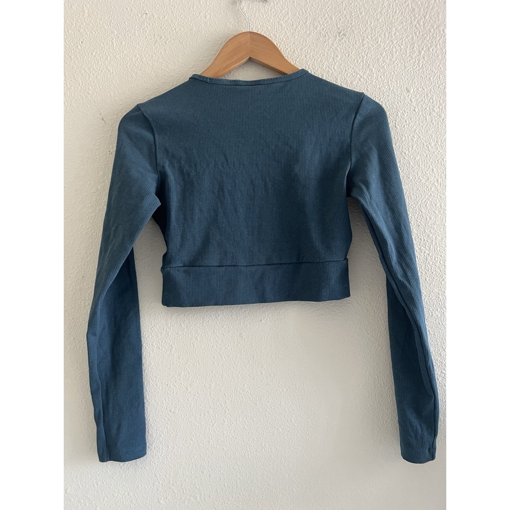 Adidas Ribbed Long Sleeve T-Shirt Teal Green Cropped Athleisure Sporty Casual - Picture 4 of 11
